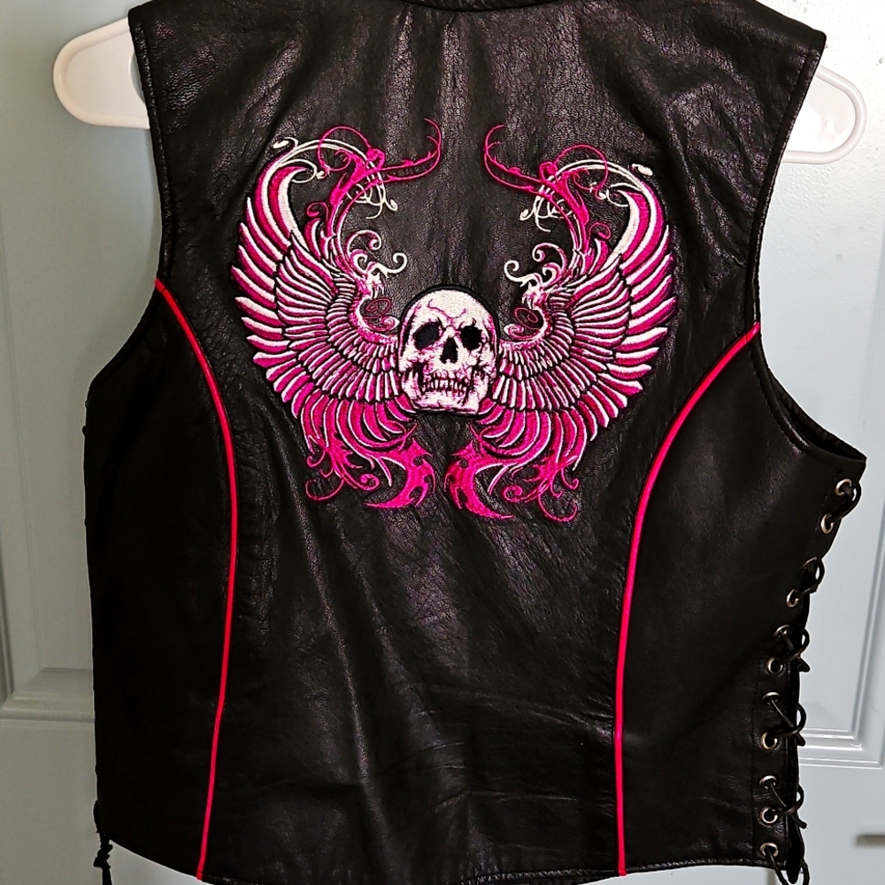 XElement Black Leather Vest with Pink Embroidered Accents
